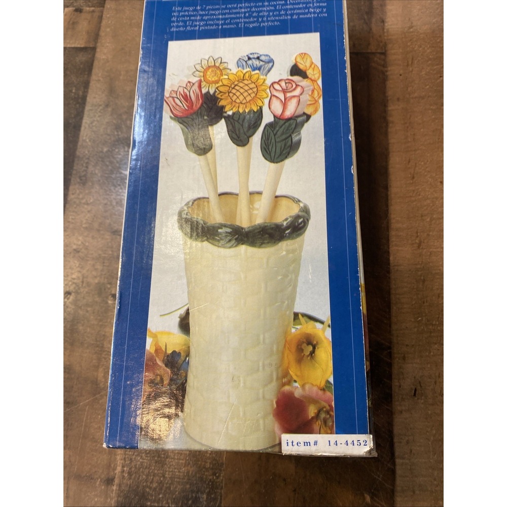 Wooden Cooking‎ Utensil 6 Hand Painted Flower Handle Ceramic Basket Tool Holder - Picture 13 of 16